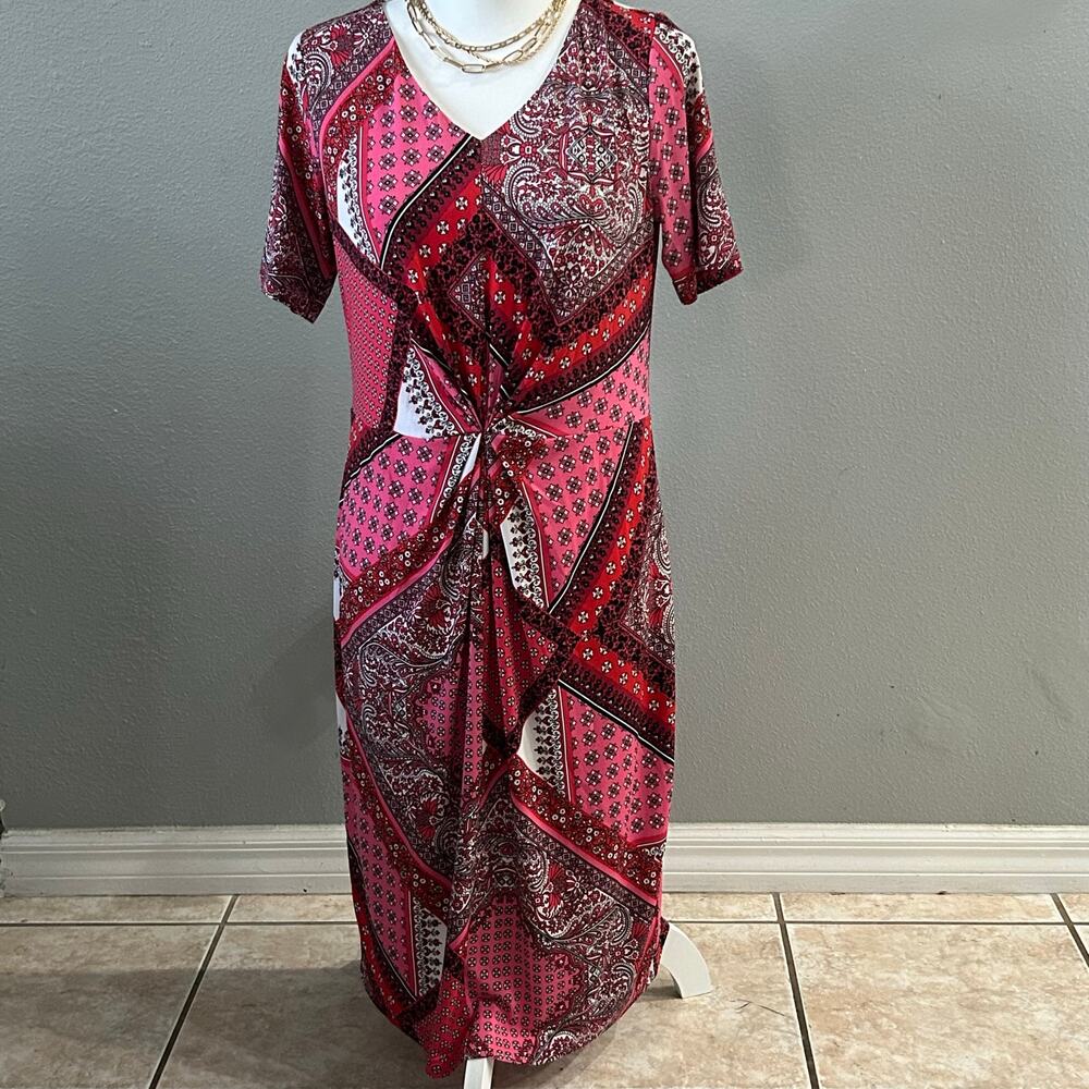 Alfredo Pauly Pink Red Patchwork Midi Dress Twist Front Stretch M